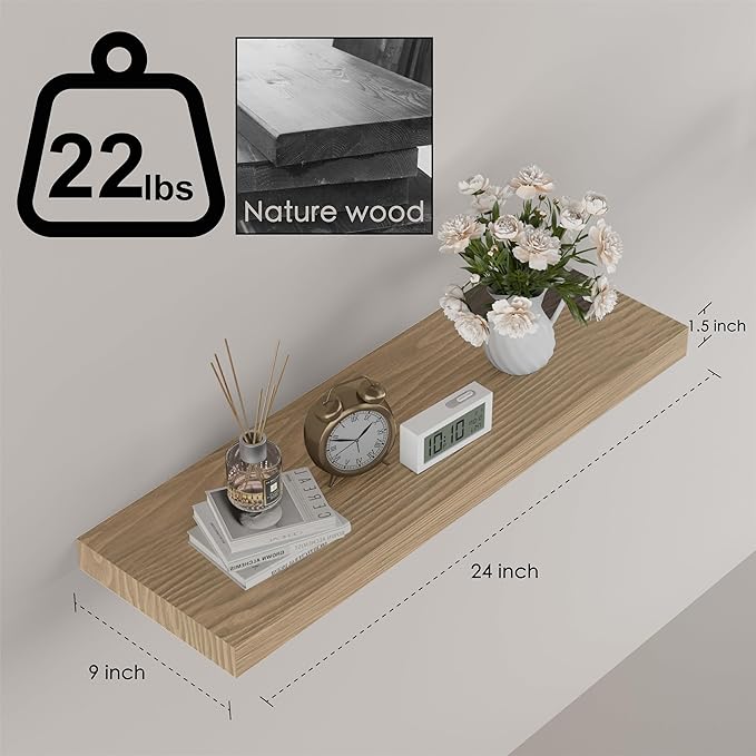 Floating Shelves for Wall - 24 x 9 Inch Natural Wood Shelves for Bathroom, Bedroom, Kitchen Decor, Farmhouse Decor Set of 2