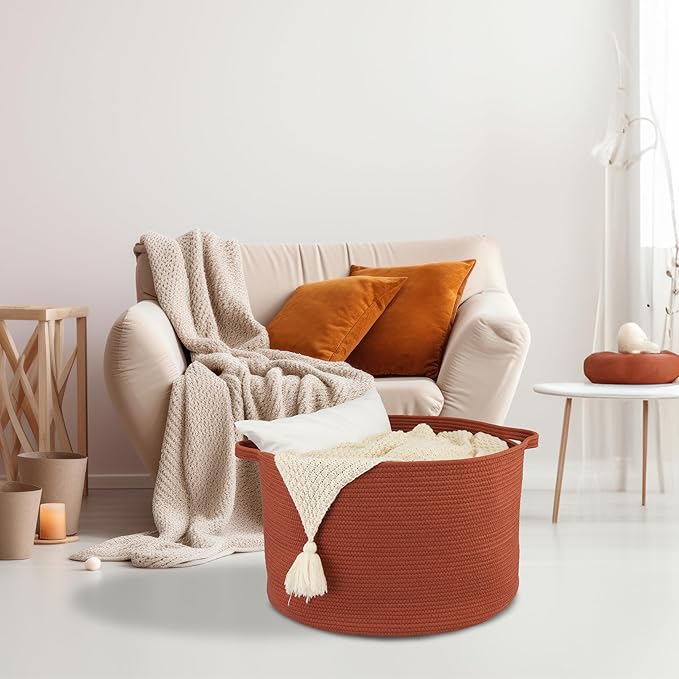 Large Cotton Rope Basket Blankets Basket Living Room 22"x14" Toy Basket for Kids and Dogs Rope Storage Basket for Nursery Woven Laundry Basket for Clothes Towels Baby Toy Storage round rustic