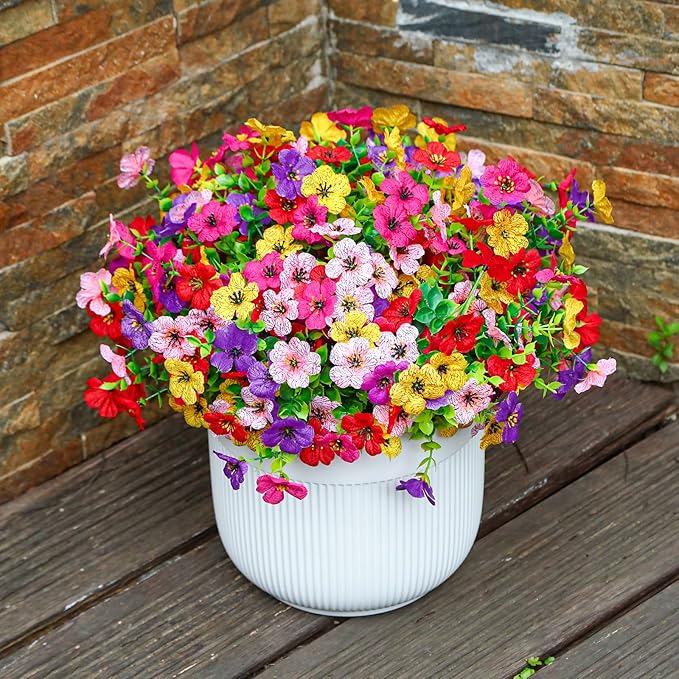48 Bundles Artificial Flowers for Outdoors Decoration, UV Resistant Silk Violet with Leaf Grass and Eucalyptus Spring Fake Plants for Outside Indoor Yard Home Patio Porch Decor, Mix 5 Colors