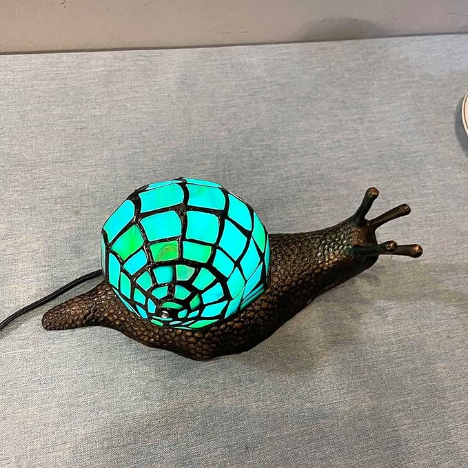 Bieye L10975 Land Snail Tiffany Style Stained Glass Accent Table Lamp for Home Decor (Cyan, 10" D x 5" W x 5" H)
