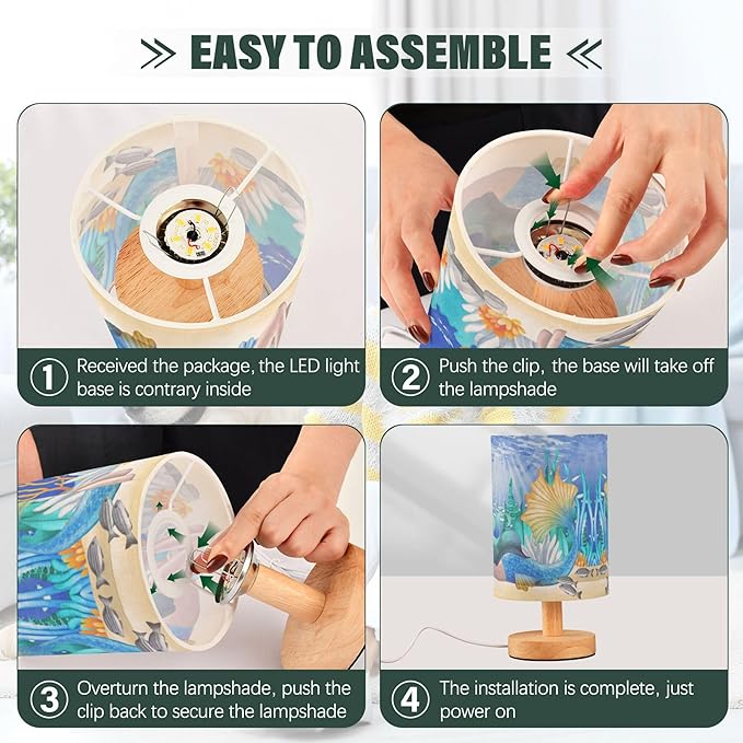 Table Lamp Watercolor Mermaid Girl Seahorse Fish Coral Ocean Sandy Sunshine Nightstand Lamp with Wood Base Fabric Lamp Shade Bedside Desk Lamp for Living Room Bedroom Kids Room Office