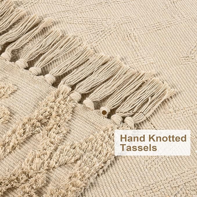 Uphome Boho Bathroom Rug 2' x 3', Small Farmhouse Kitchen Rugs with Tassels, Khaki Washable Front Door Mat, Cotton Woven Moroccan Tufted Throw Rug for Bedroom Entryway Laundry Living Room