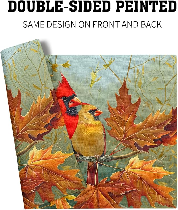 Giwawa Fall Birds Placemats Set of 4, 12"x18" Autumn Trees Maple Leaves Chestnuts Table Mats, Thanksgiving Harvest Heat Resistant Washable Linen Place Mat for Kitchen Dining Holiday Party Decor