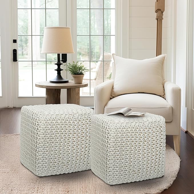 COTTON CRAFT Braided Cube Pouf - Hand Knitted Cotton Cord Cable Dori Ottoman - Foot Stool - Floor Pouf - Footrest - Portable Lightweight Accent Seat - Living Room Bedroom Dorm - 15 x 15 Square - Ivory