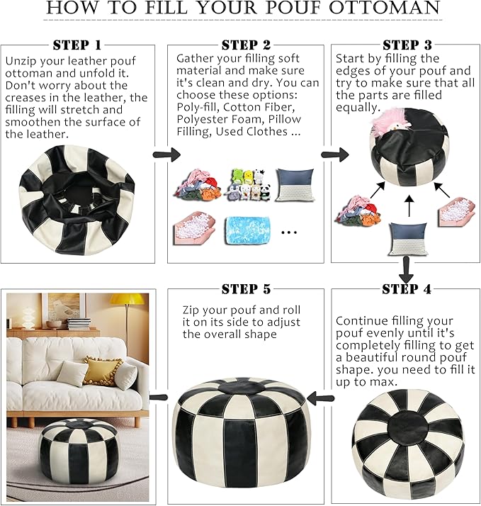 Thgonwid Unstuffed Moroccan Ottoman Pouf Cover, Ottoman Footstool Storage Solution, Bean Bag Chair, Foot Rest, Multi-Black&White