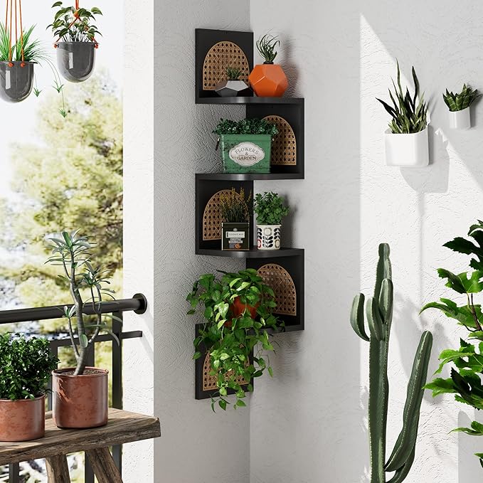 4-Tier Corner Shelves - Zig Zag Rattan Wall Shelf, Black Corner Shelf Wall Mounted, Floating Shelves for Bedroom, Bathroom & Living Room