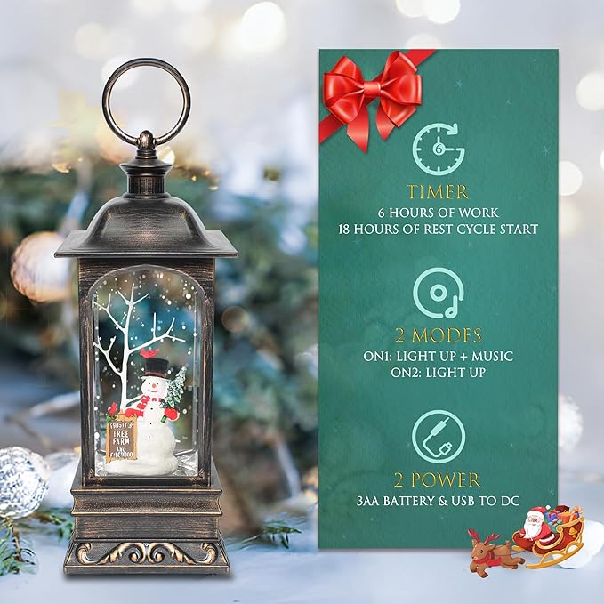 Christmas Snow Globes, 11.2" Snowman Glitter Water Lantern with 8 Songs, 6H Timer Battery & USB Powered Music Box for Christmas Decorations Indoor
