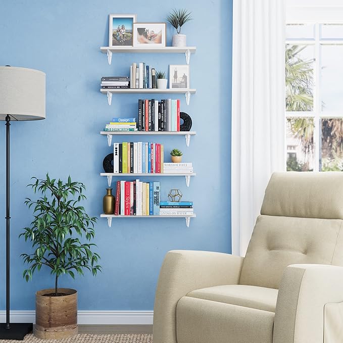 Wallniture Arras 24" Bathroom Shelves, Floating Shelves for Wall Storage, Bookshelf Living Room Decor, Bedroom, Kitchen Shelf, White Set of 5