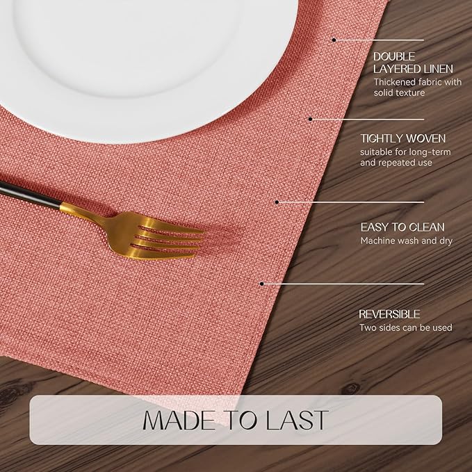 Romanstile Cloth Placemats Set of 6-12 x 18 Inch, Heat Resistant Double Layered Thickened Burlap Fall Place Mats, Washable Faux Linen Farmhouse Table Mats for Kitchen/Dining/Party/Outdoor, Orange