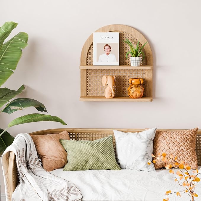 Rattan Wall Shelf Boho Nursery Decor, 2-Tier Arched Woven Natural Wood Wicker, 16''L Neutral Handcrafted Rattan Nursery Shelf, Decorative for Living Room, Bedroom & Bathroom