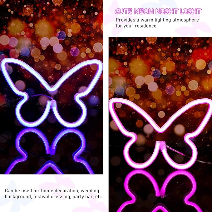 Riakrum 2 Pcs Butterfly Neon Signs LED Light 3AA Battery Powered USB Operated Wall Neon Light Decor Butterfly Wall Art for Christmas Home Bedroom Birthday Party Decor(Pink, Blue)
