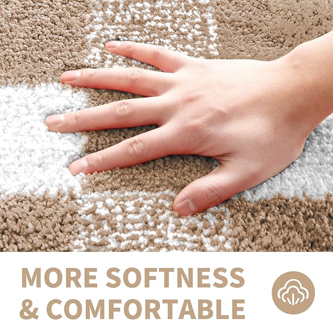 CozeCube Checkered Bath mats for Bathroom Non Slip, Plush Shaggy Bath Rugs for Bathroom Washable, Buffalo Plaid Bath mat, Beige, 36" x 24"