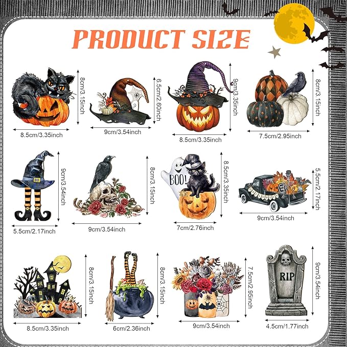 Huwena 36 Pcs Halloween Wood Ornament for Tree Vintage Ornaments Wooden Halloween Hanging Decorations Pumpkin Witch Black Cat Wood Cutouts with Ropes for Home Party Decor(Witch Hat)