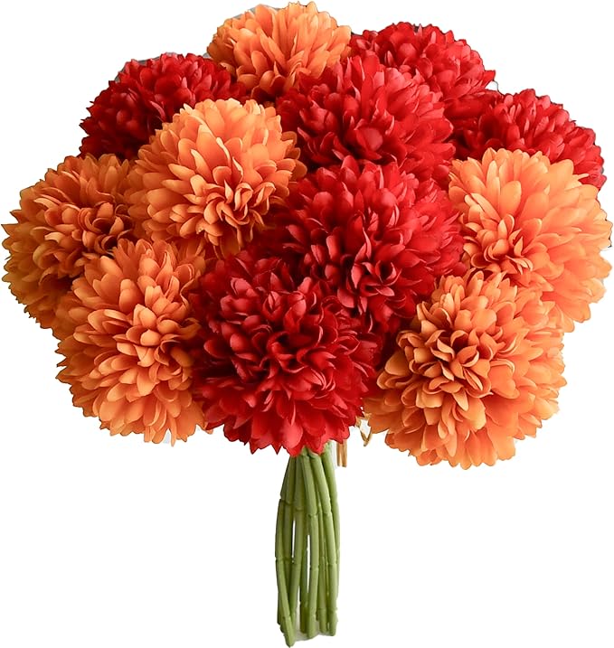 Mandy's Red and Orange Artificial Ball Chrysanthemum 12 Stems Faux Flowers with Bendable Stems for DIY Wedding Centerpiece Fall Decor Home Arrangements