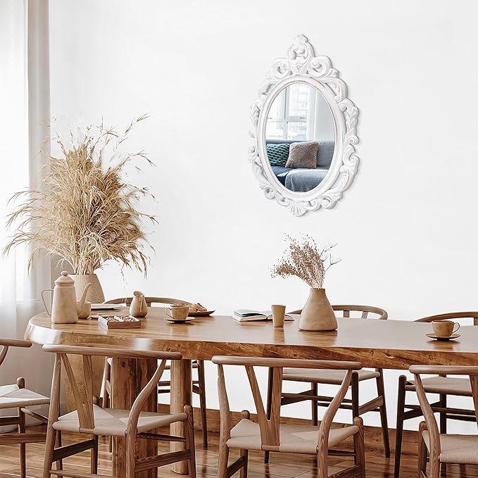 Vintage White Wall Mirror Baroque Style Wall Decor Antique Oval Ornate Accent Wood Bathroom Mirror Vanity Rustic Wall Mounted Mirrors Decorative Farmhouse Mirrors for Bedroom Living Room