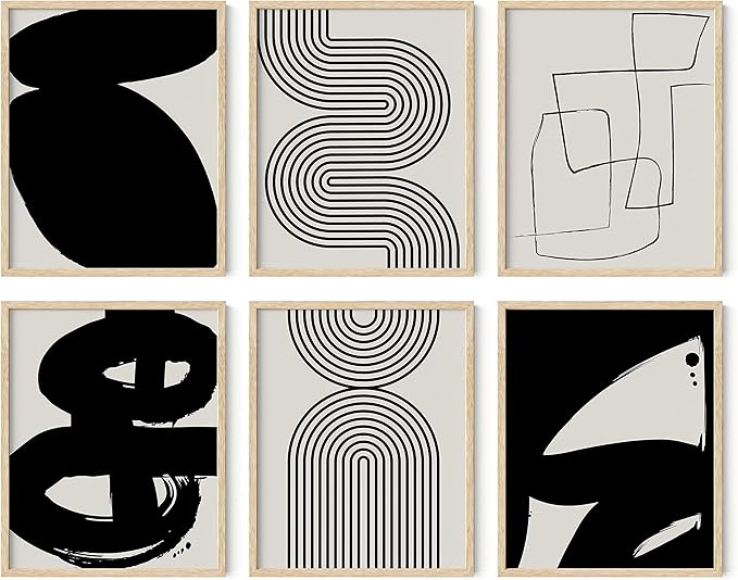 HAUS AND HUES Black Abstract Painting Aesthetic Wall Art- Set of 6 Modern Abstract Wall Art, Black and Gray One Line Abstract Art, Geometric Print Wall Art, Minimalist Wall Art (Beige Frame, 8x10)