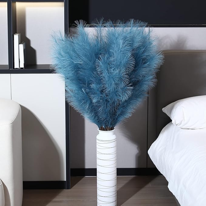 8 Pcs 45 inch Tall Faux Pampas Grass Decor, Large Artificial Blue Pompous Grass Bulk, Long Fake Pompas for Floor Vase Filler, Wedding, Baby Shower, Home and Boho Decor (Blue)