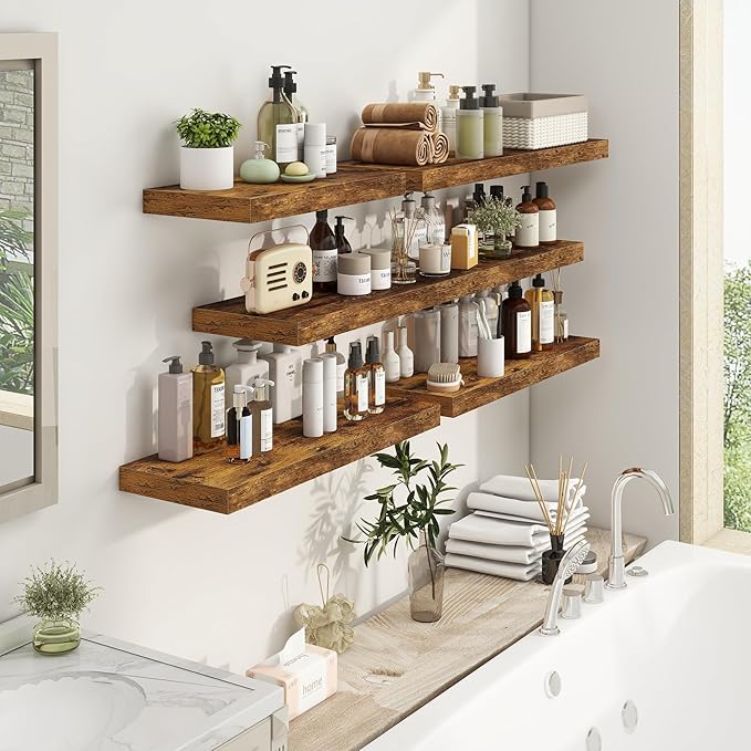 Deep Floating Shelves - 16" W x 9" D x 1.6" H Rustic Brown Wall Shelf - Wall Mounted Shelves for Decor & Storage - Wooden Shelves with Invisible Brackets for Living Room, Kitchen - Set of 2