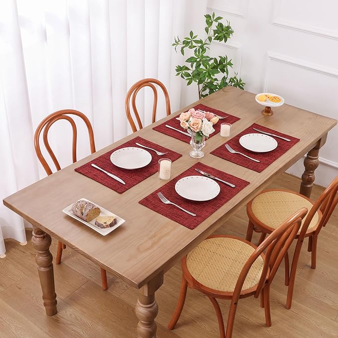 SHACOS Double Layer Cloth Placemats Set of 4 Washable Heat Resistant Place Mats Non Slip Rustic Placemats Reversible Table Mats Kitchen Dining Table Decor (4, Red)