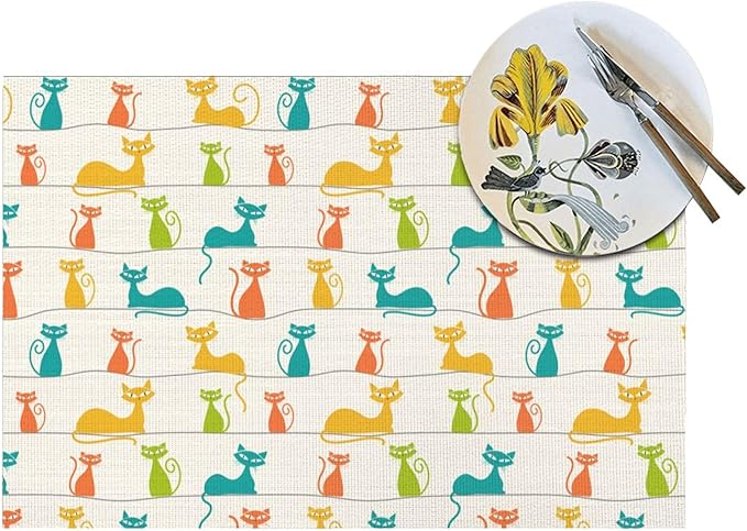 Mid Century Modern Cats Placemats Set of 4, Linen 12"x18" Cute Place Table Mat Washable Heat Resistant for Kitchen Dining Holiday Party Home Decor