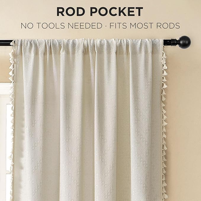 Joydeco Beige Boho Curtains 108 Inches Long 2 Panels, Super Soft Bohemian Farmhouse Curtains with Tassels, Semi Sheer Light Filtering Drapes for Bedroom Living Room (Rod Pocket, 52Wx108L)
