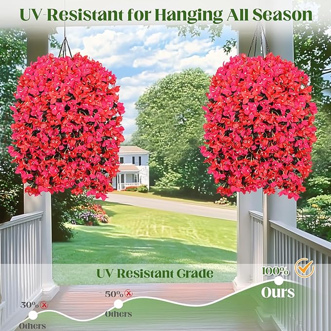 4 Pcs UV Resistant Artificial Flowers for Outdoors, Realistic Faux Silk Bougainvillea Flowers, Fake Hanging Plants for Porch Patio Balcony Decoration (Rose red & Red)