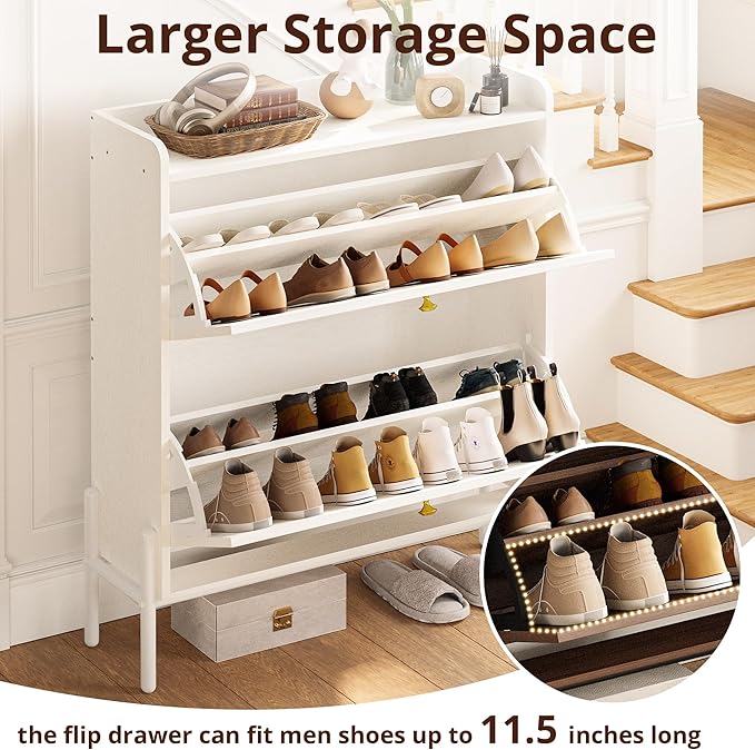 IRONCK Shoe Cabinet Storage with 2 Flip Drawers, Free Standing Wooden Shoe Storage Organizer Cabinet with Rattan Doors for Entryway, Narrow Shoe Rack Cabinet, White