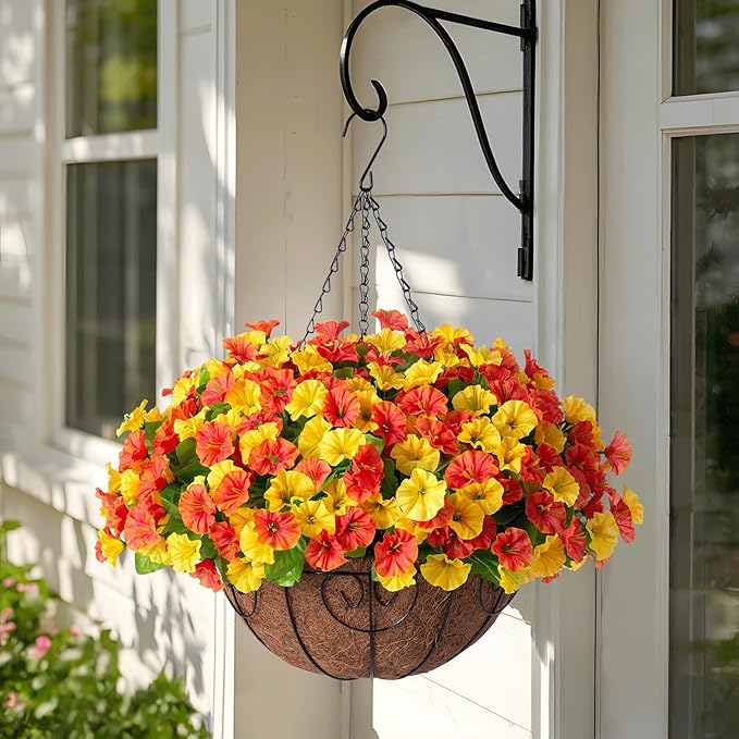 Artificial Hanging Flowers with Basket, Faux Silk Petunias Flower Arrangement, Coconut Lining with Morning Glories Fake Plants Patio Garden Porch Deck Spring Summer Decor(Orange Yellow)