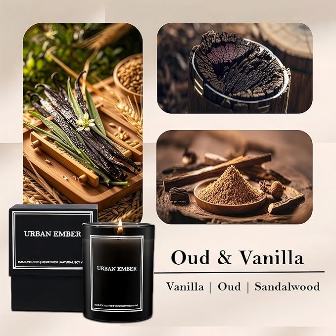 Oud Vanilla Scented Candle, Aromatherapy Candle for Home Scented - 55 Hours Long Lasting Soy Wax Candle - Strong Fragranced Black Candle Gift for Women & Men, 8 oz