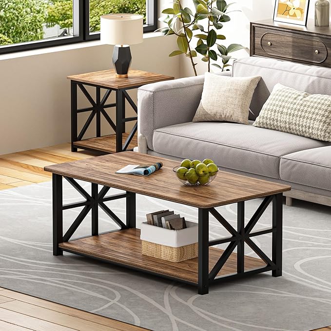 GreenForest Coffee Table with Round Corner, Farmhouse Center Table with 2-Tier Storage Shelf X-Frame Design for Living Room, 39 inch Walnut
