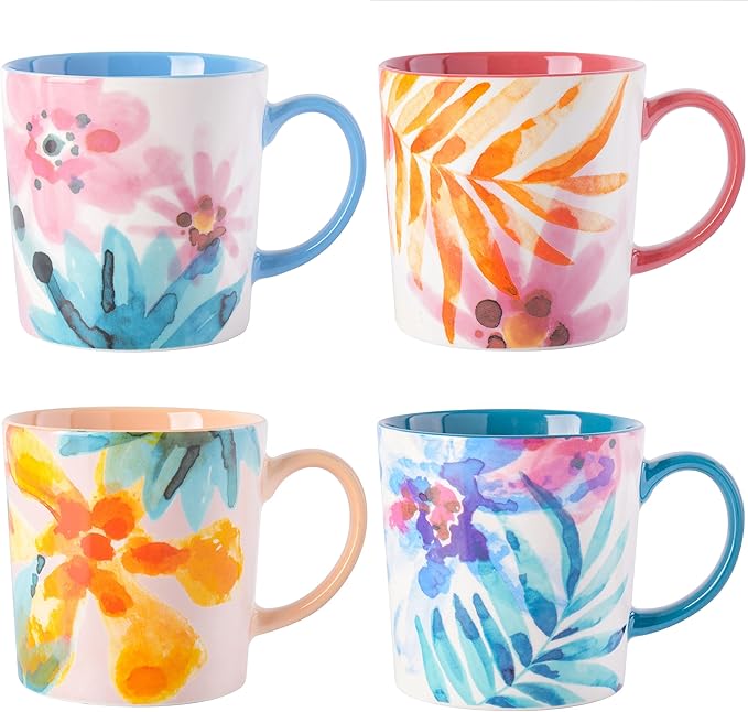 Spice by Tia Mowry Floral Garden 4 Piece Large 17OZ Decorated Porcelain Mug Set Multicolor