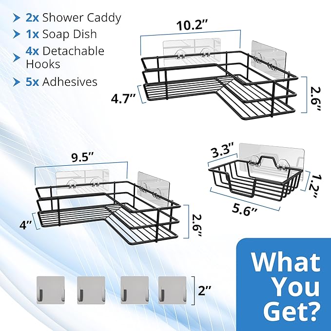 Corner Shower Caddy 3 Pack, Adhesive Shower Organizer with 4 Hooks And Soap Holder, Rust Proof Bathroom Shelf Wall Mounted Shower Shelves