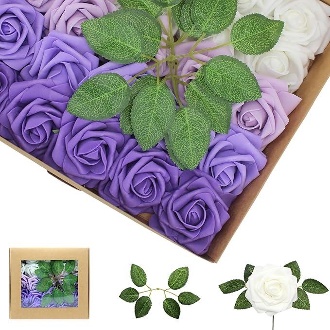 Artificial Flowers 100PCS Purple Roses Real Looking Lilac Foam Fake Roses with Leaves and for DIY Wedding Bouquets Bridal Shower Centerpieces Party Decorations (Purple Series, 100)