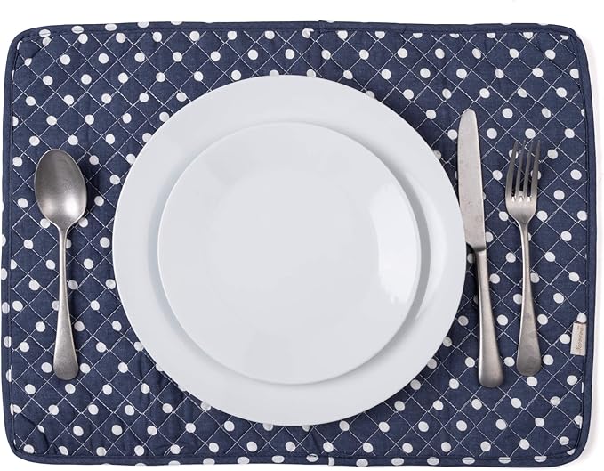 NEOVIVA Quilted Placemat Set of 4 for Dining Table, Heat Resistant Placemats for Dinner, Polka Dots Crown Blue
