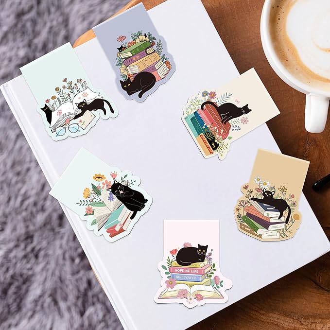 Black Cat Magnetic Bookmarks: 12 Pcs Cute Cat Magnet Book Page Markers, Pretty Flower Animal Book Mark Clips for Reading, Gifts for Kids Women Students Book Lovers Office School Supplies