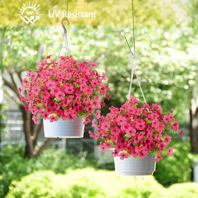 Artificial Flowers Outdoor Faux Plants UV Resistant 12 Bundles Fake Patio Flowers Plastic Greenery Plnats Outside Bulk for Spring Garden Hanging Planter Home Vase Decor, Rose Red