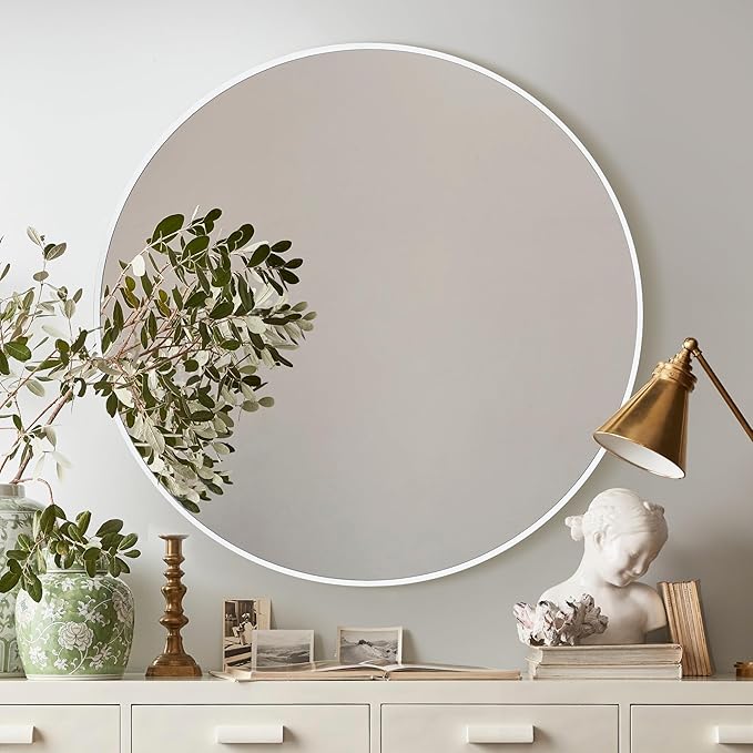 CULER Round White Bathroom 30 Inch Mirror,Circle Wall Modern Mirror for Bedroom,Hanging Vanity Tempered Glass Mirrors for Entryway or Living Room