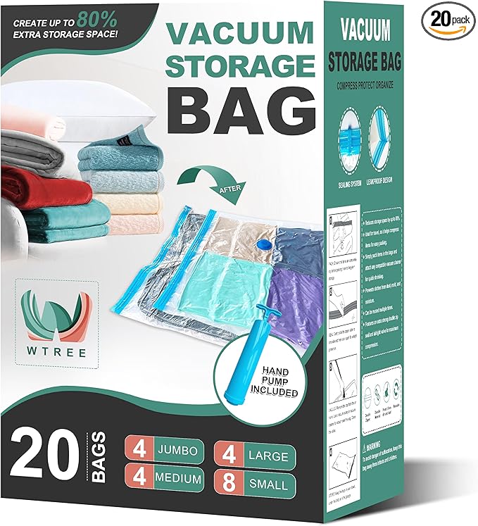 20 Pack Vacuum Storage Bags, Space Saver Bags, Vacuum Sealed Bags for Comforters, Blankets, Clothes Storage, Hand Pump Included (4 Jumbo/4 Large/4 Medium/8 Small)