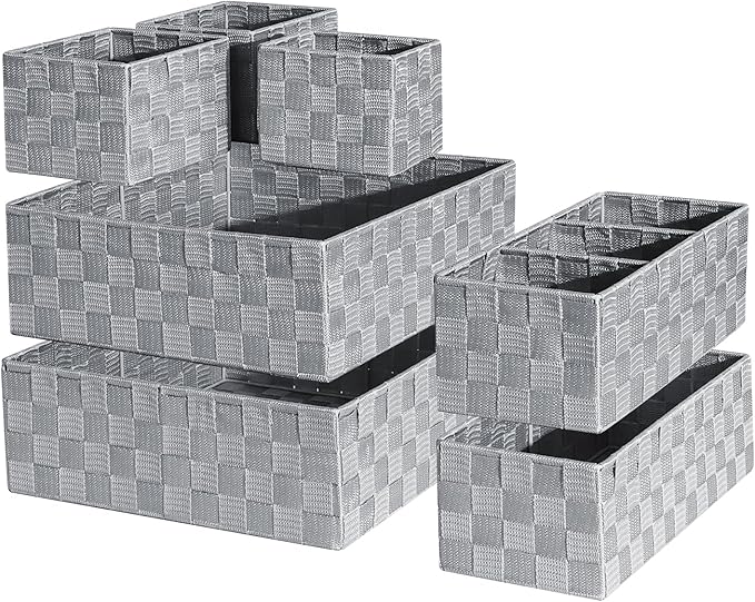 Drawer Organizer, Cube Baskets for Storage Shelves, Handmade Small Woven Basket, Shallow Storage Bins for Organizing Desk, Dresser, Kitchen, Pantry, Nested 7 Pack, Gray