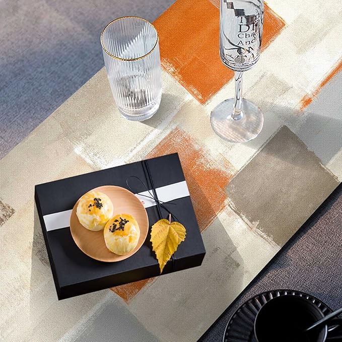 Mcalk Farmhouse Orange Table Runner and Placemats Set of 6 Pieces, Brown Placemats Modern Art,Grey Abstract Art Cloth Place Mats Indoor for Kitchen,Linen Material for Dining Table