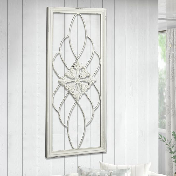 Sintosin Rustic Wood and Metal Wall Art Decor Living Room 14 x 35 Inch, Hanging Distressed White Decorative Vintage Wrought Iron Wall Decor for Living Room Entryway Hallway Bedroom Kitchen