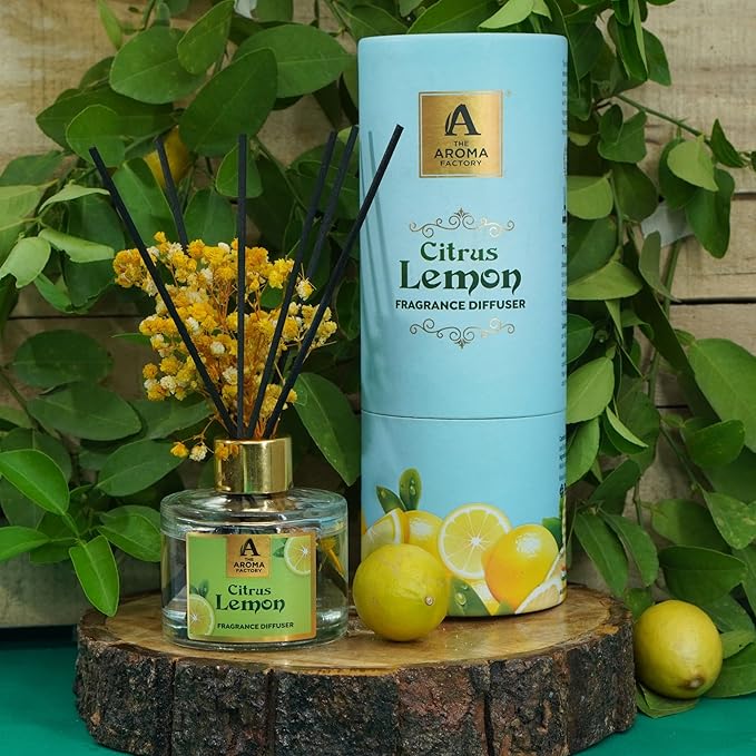The Aroma Factory Fragrance Reed Diffuser Set with Natural Essential Oil, Aroma Sticks & Real Preserved Flowers | Luxury Home Decor Scent (Citrus Lemon, 1 Pack)