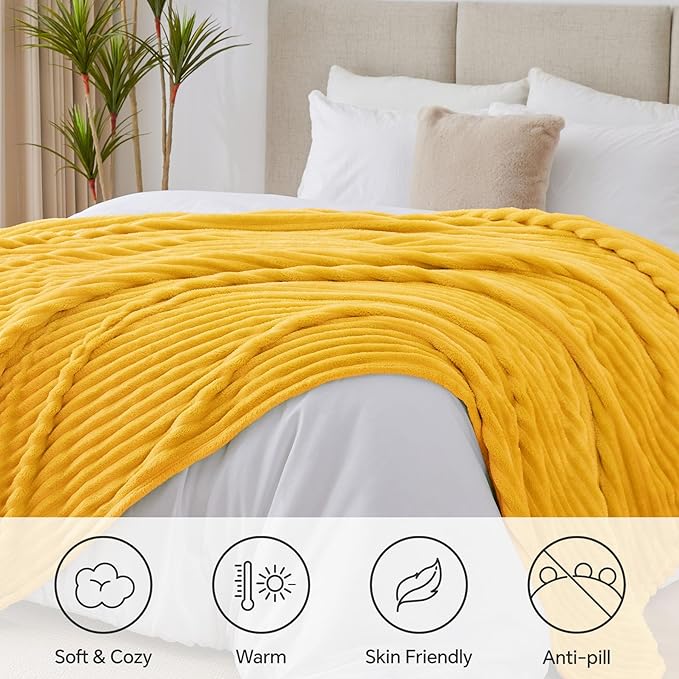 BEDELITE Blankets Queen Size for Bed, 300GSM Soft & Warm Fleece Blanket, Decorative and Giftable Striped Light Yellow Blankets for Women, Men, 90"x90"