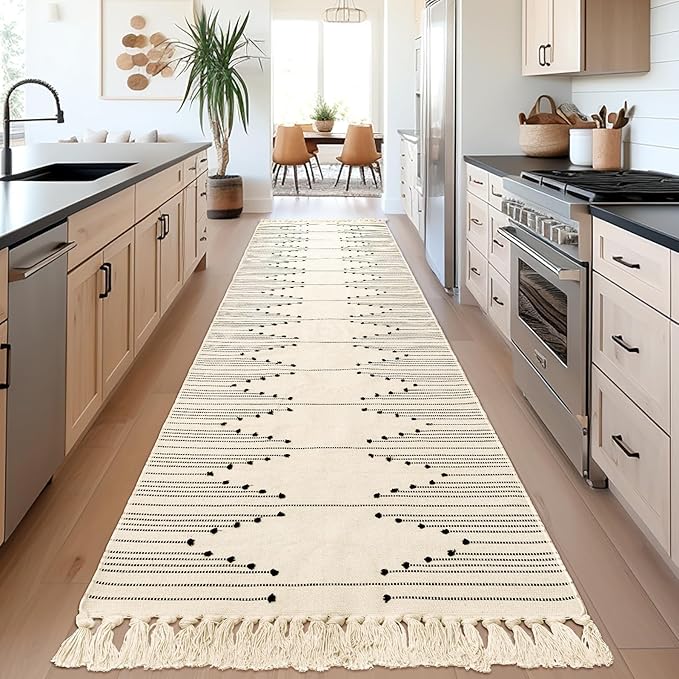 Tritard Boho Hallway Runner Rug 2x10 - Washable Area Rug Farmhouse Aztec Cotton Long Lightweight Rugs with Tassels Kitchen Bathroom Woven Low Pile Thin Carpet for Entryway, Bedroom, Beige Cream