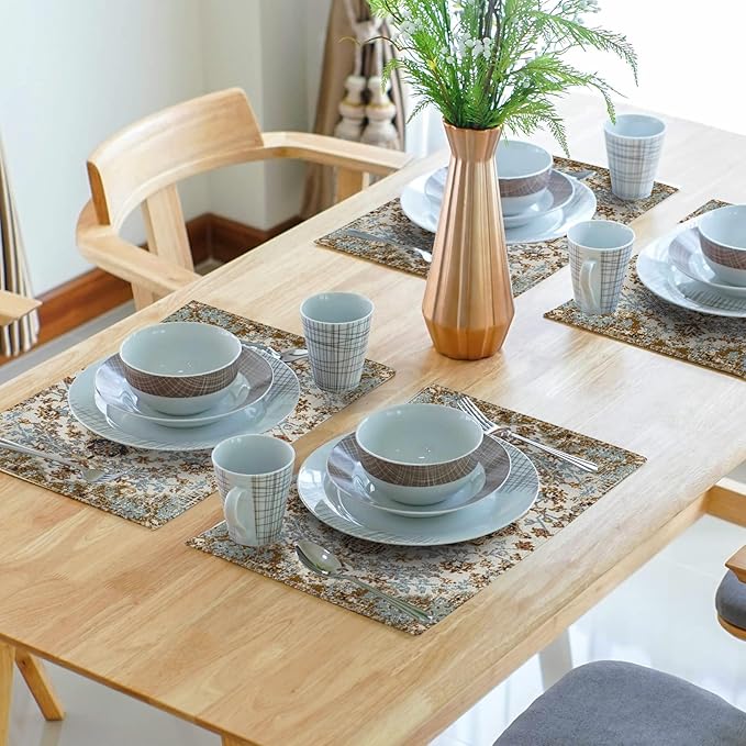 Ethnic Boho Placemats Set of 6 Bohemian Carpet Vintage Black Teal Grey Floral Linen Washable Kitchen Dining Table Mats Stain Heat-Resistant Desktop Decor Place Mats for Home Party Indoor 12x18 in