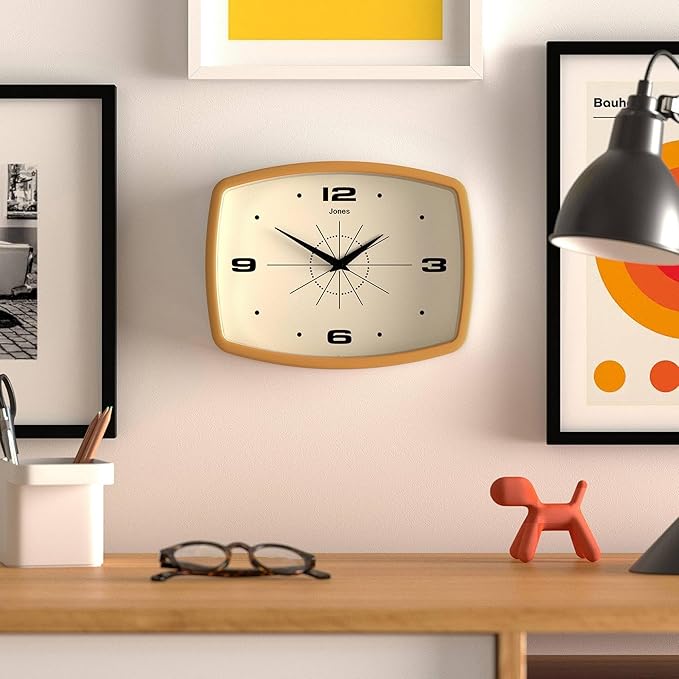 JONES CLOCKS® Movie Wall Clock | Rectangular Retro Clock | 10 inch | Mustard Yellow | Cool mid-Century Designer Look for Kitchen, Living Room or Office