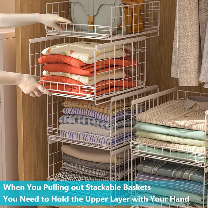 4-Tier Stackable Closet Organizers and Storage Shelves, Sliding Storage Basket Clothes Bins Drawer Shelf Container for Wardrobe Kitchen Bathroom Office, White