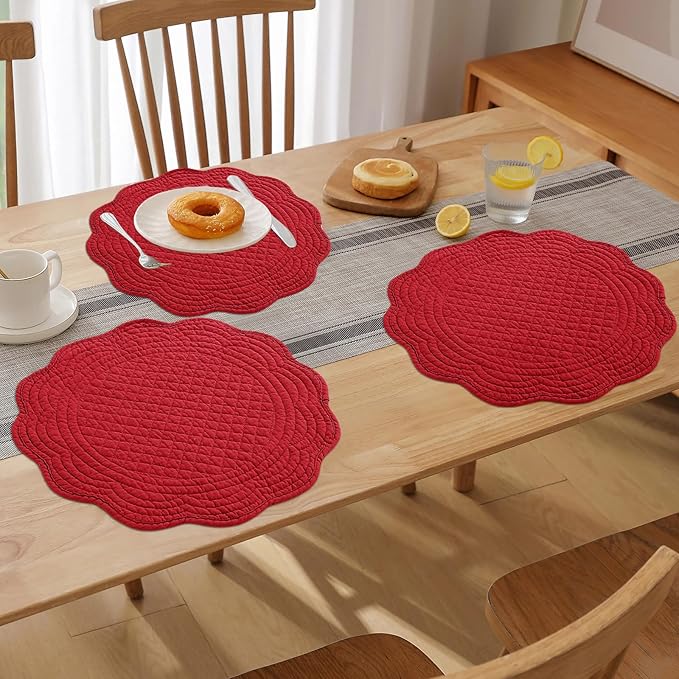HOMBYS Quilted Placemats Set of 6 Washable Round Placemats for Kitchen Table-100% Cotton Fabric 13 Inch Round Table Mats, Cotton Fabric with Microfiber Filling, (13"x13", Red)