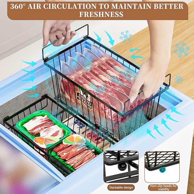6 Pack Stackable Deep Freezer Organizer Bins ,Upgraded Bottom Leak-Proof net,Encryption and Hardening , Freezer Organizer Bins for 5 to 9 Cu.FT Small Chest Freezer, Easy Get Bottom Foods