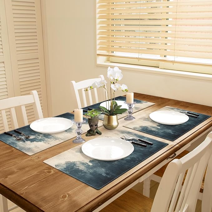 Emvency Farmhouse Placemats Set of 4, Abstract Dark Blue and Beige Vintage Art Painting 12x18 Inch Table Mats for Outdoor Home Party Kitchen Dining Decoration